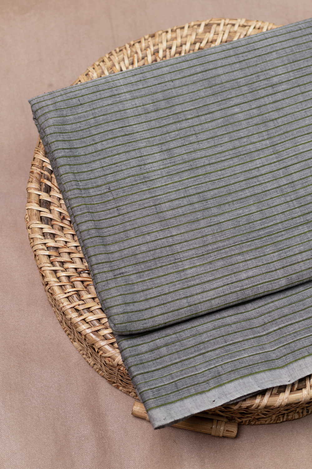 Green Stripe on Grey Mangalagiri Cotton Fabric