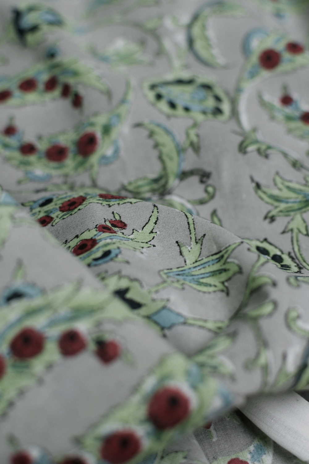 Stone Grey with Florals Sanganeri Cotton Fabric-1.6 m