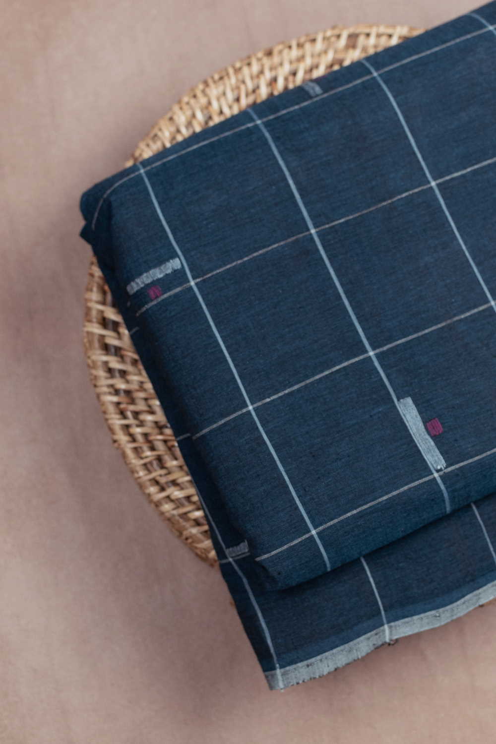 Butta & Stripe on Blue Handwoven Cotton Fabric - 1m