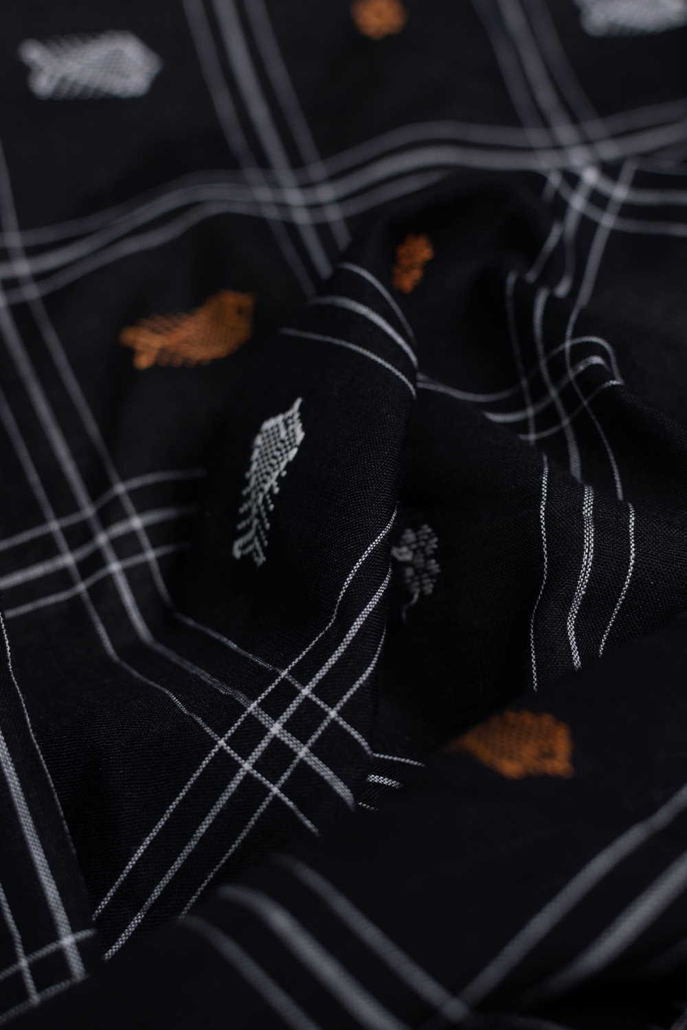 Fish Butta on Black Orissa Ikat Fabric