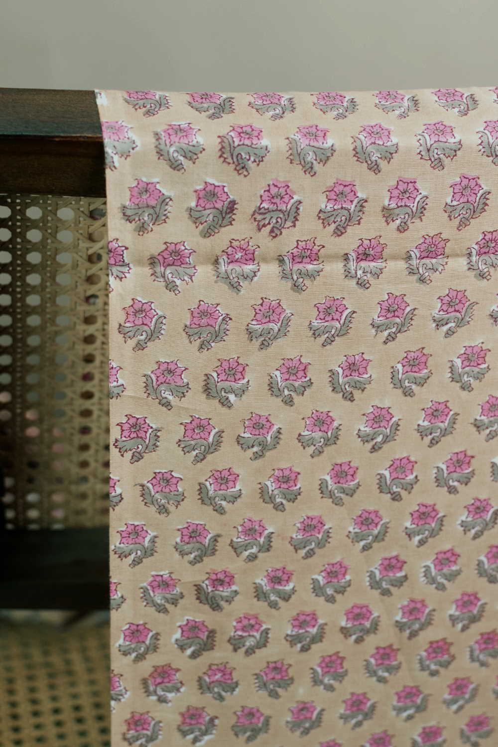 Pink Buttas - Beige Sanganeri Cotton Fabric