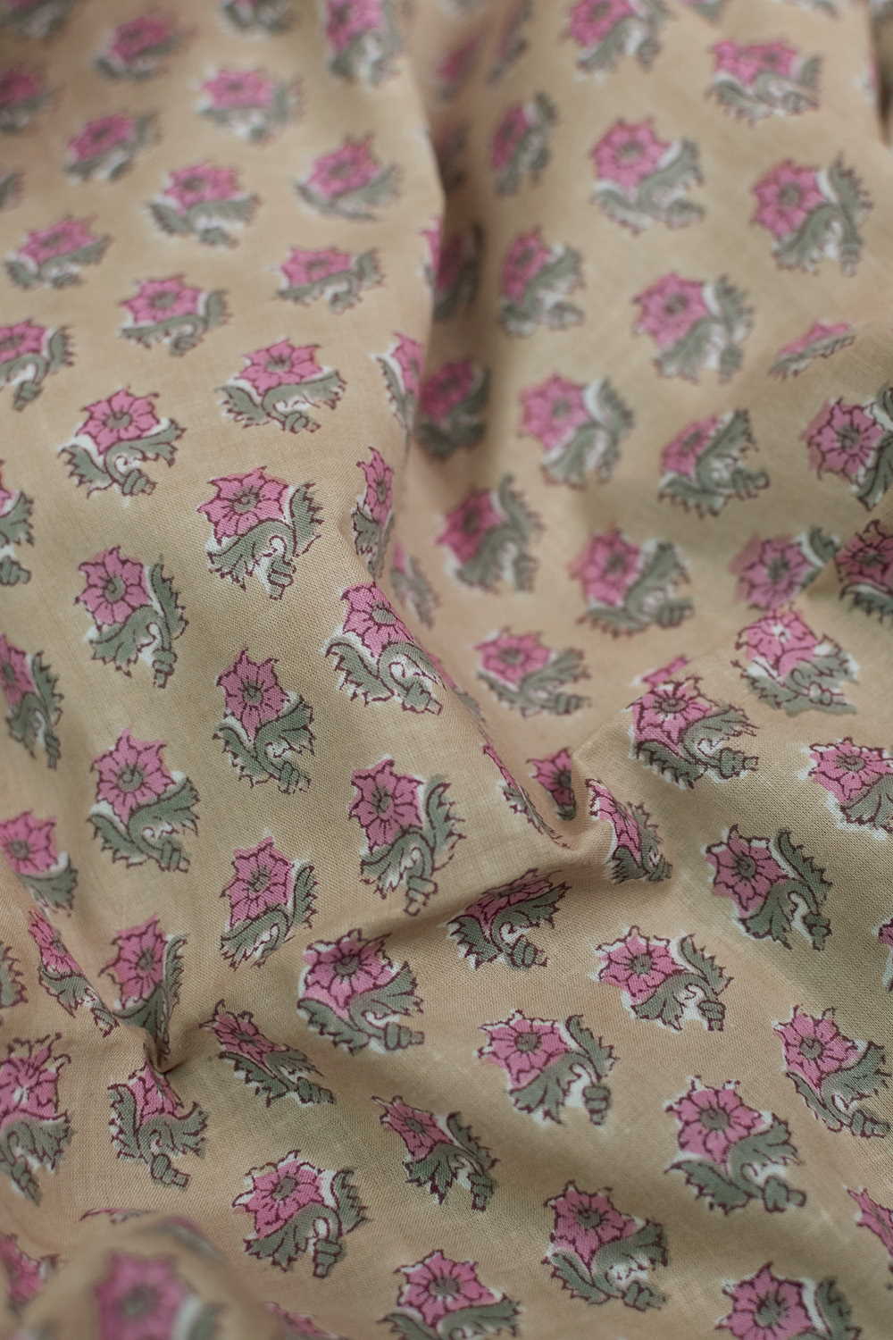 Pink Buttas - Beige Sanganeri Cotton Fabric