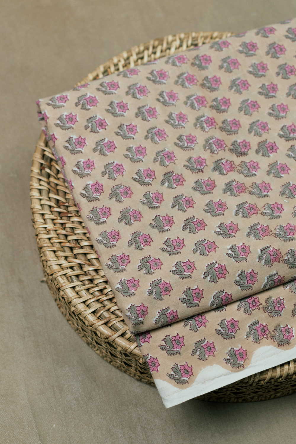 Pink Buttas - Beige Sanganeri Cotton Fabric