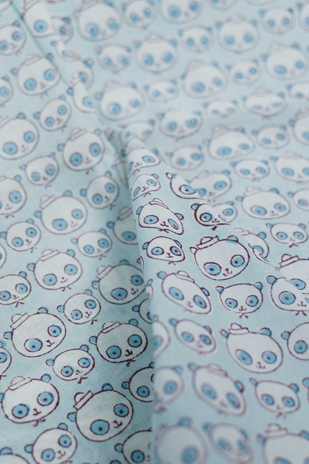 Baby Panda - Blue Sanganeri Cotton Fabric