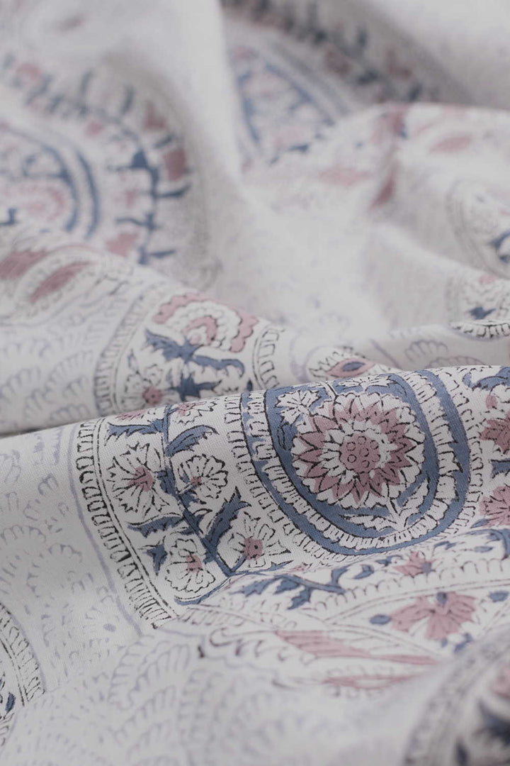 Hand block printed Sanganeri cotton fabric with floral motifs - Matkatus