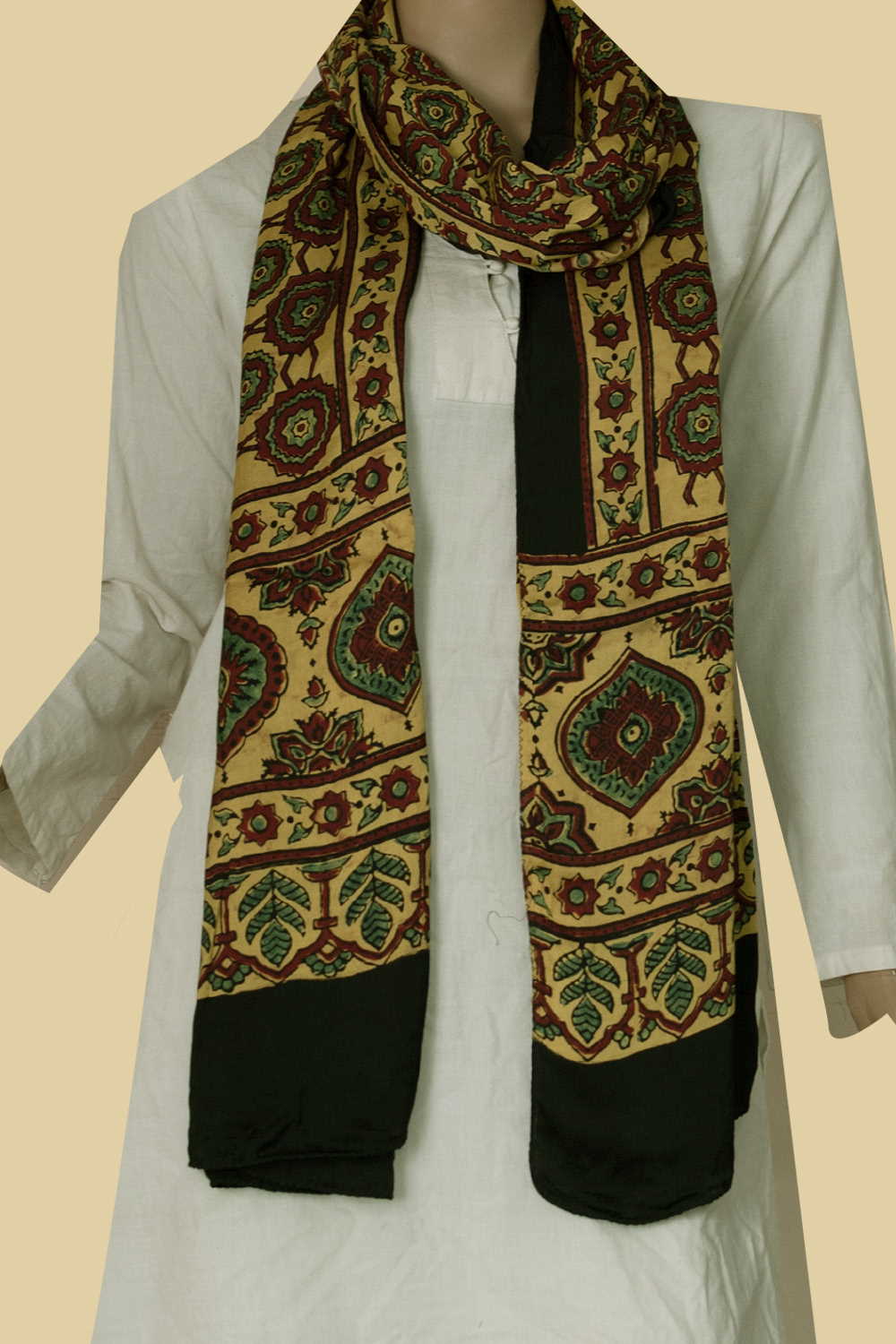 Yellow with Intricate Pattern Ajrak Modal Silk Stole
