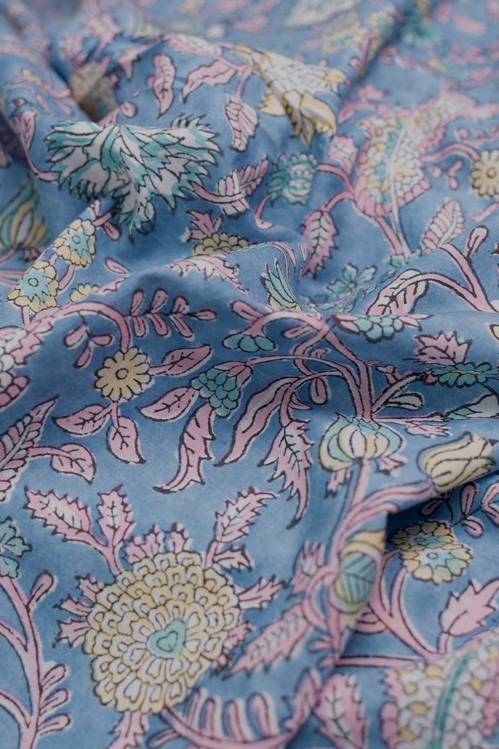 Hand block printed Sanganeri cotton fabric with floral motifs - Matkatus