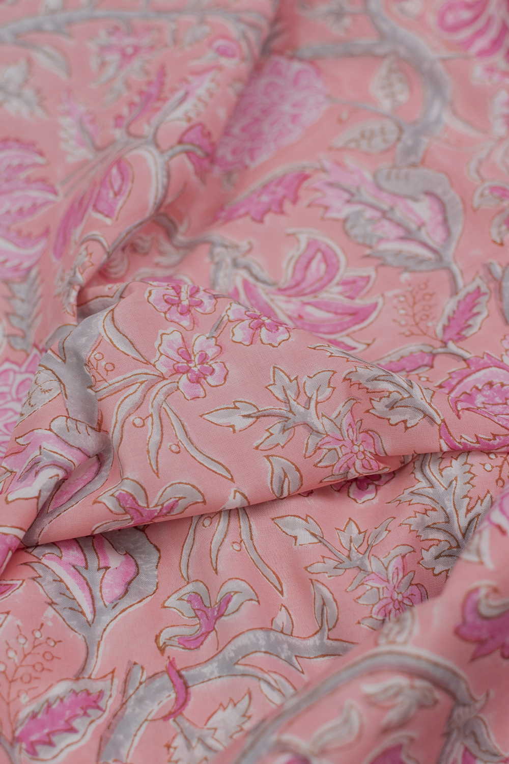 Pink with Green Floral Sanganeri Cotton Fabric