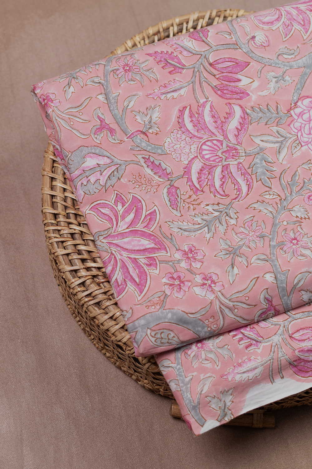 Pink with Green Floral Sanganeri Cotton Fabric