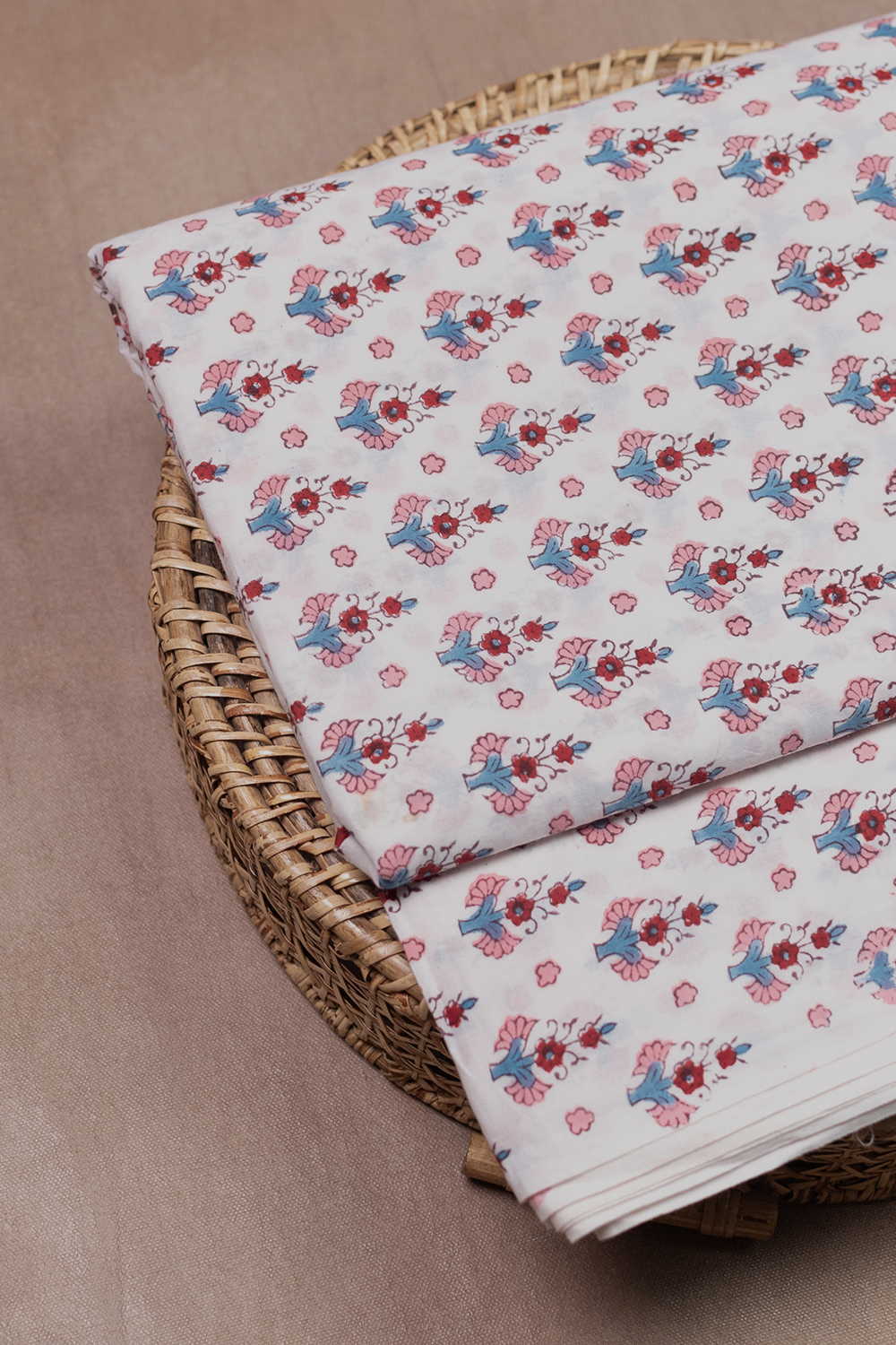 Hand block printed Sanganeri cotton fabric with floral motifs - Matkatus