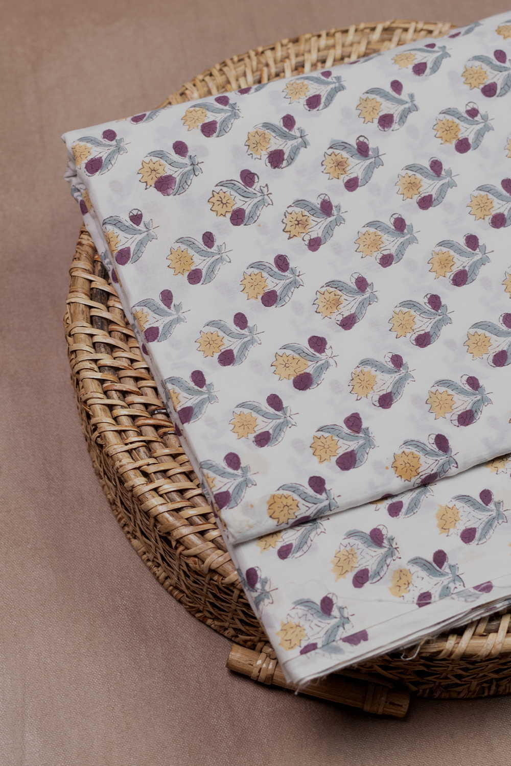 Hand block printed Sanganeri cotton fabric with floral motifs - Matkatus