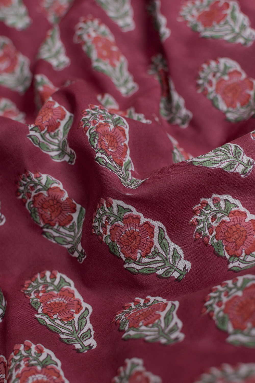 Floral Butta on Deep Purple Sanganeri Cotton Fabric