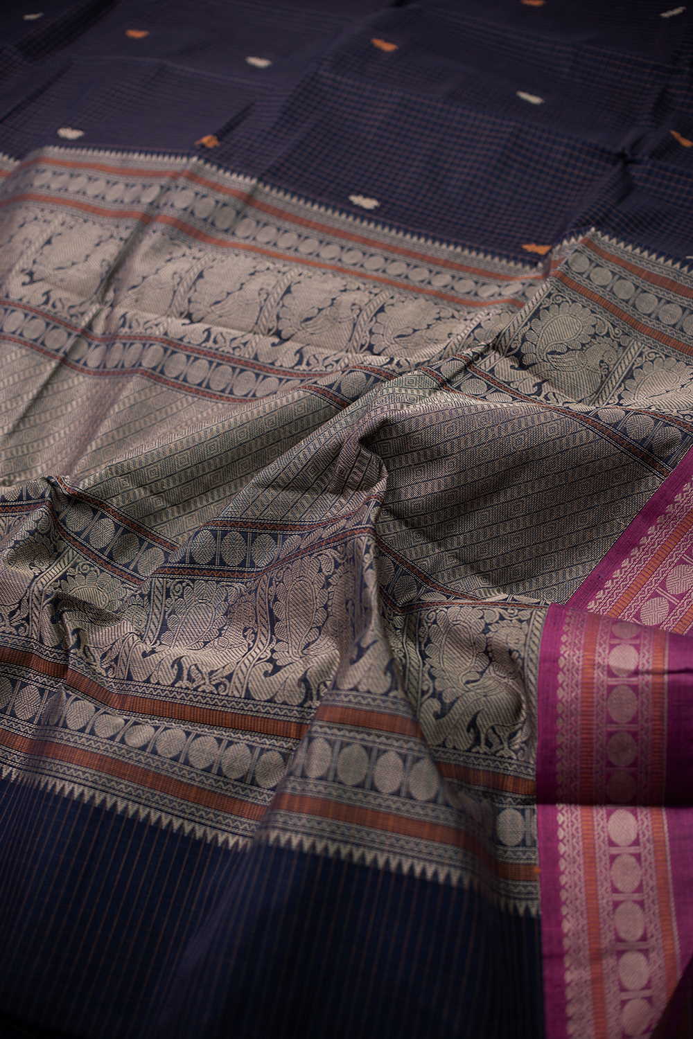 Indigo Blue with Checks Kanchipuram Cotton saree
