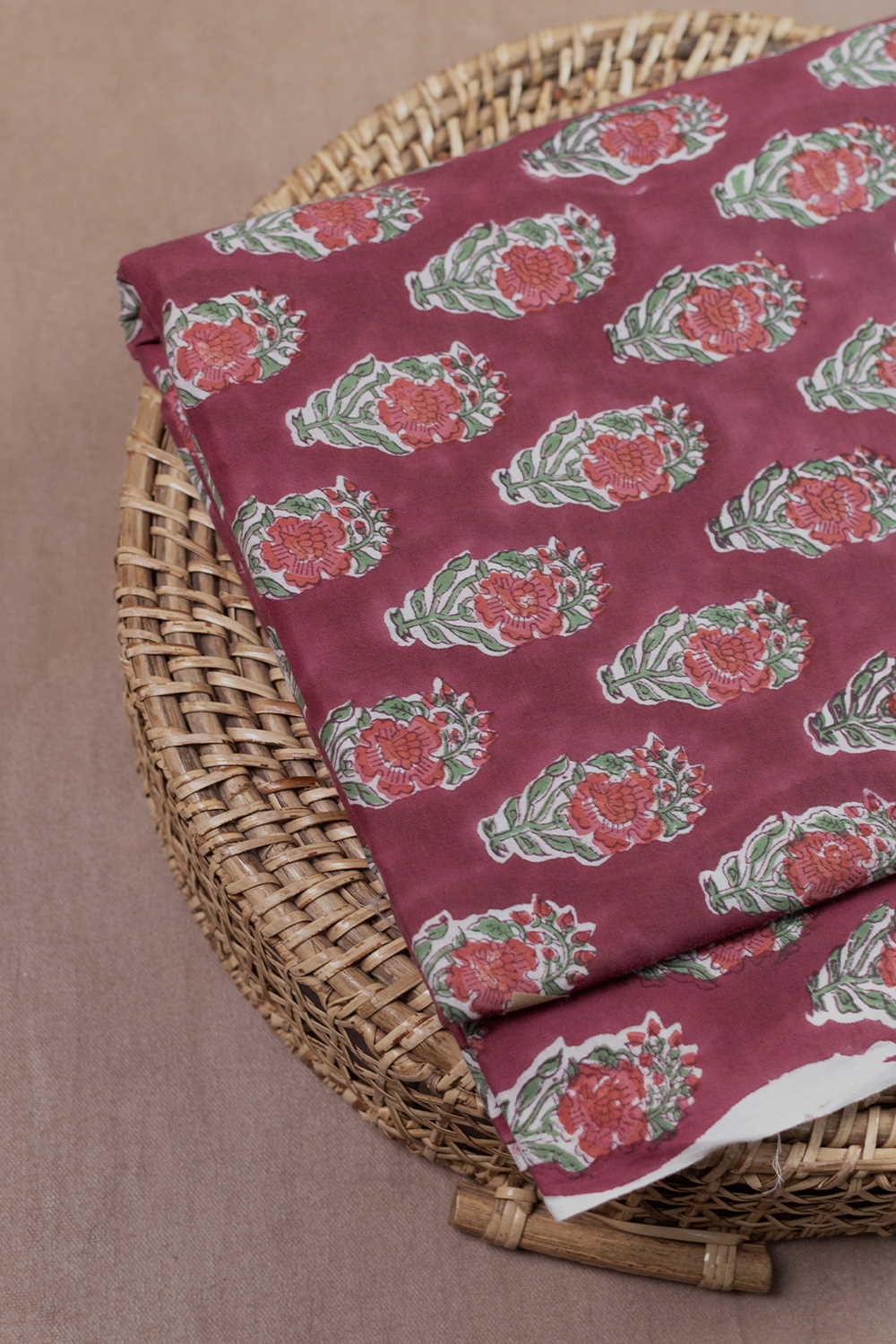 Floral Butta on Deep Purple Sanganeri Cotton Fabric