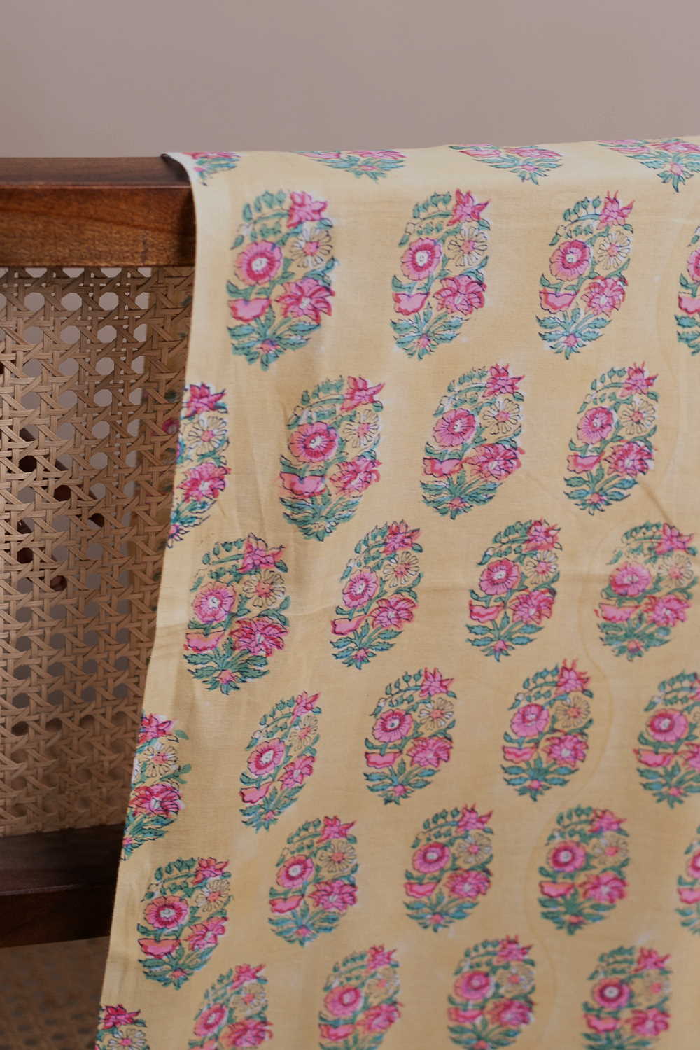 Buttas on Baby Yellow Sanganeri Cotton Fabric