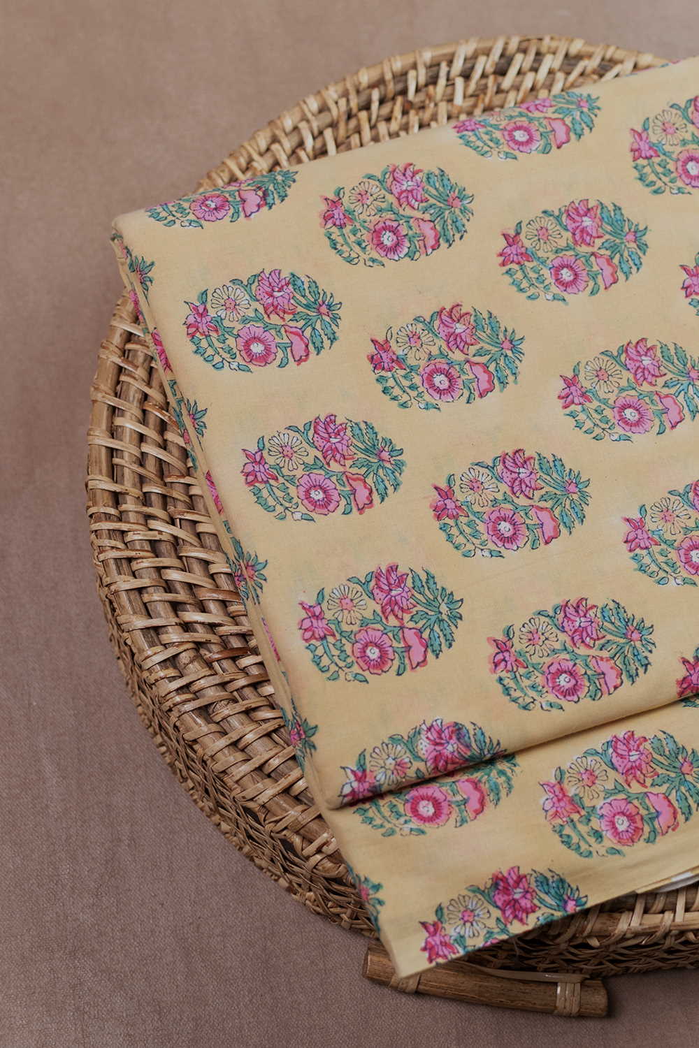 Buttas on Baby Yellow Sanganeri Cotton Fabric