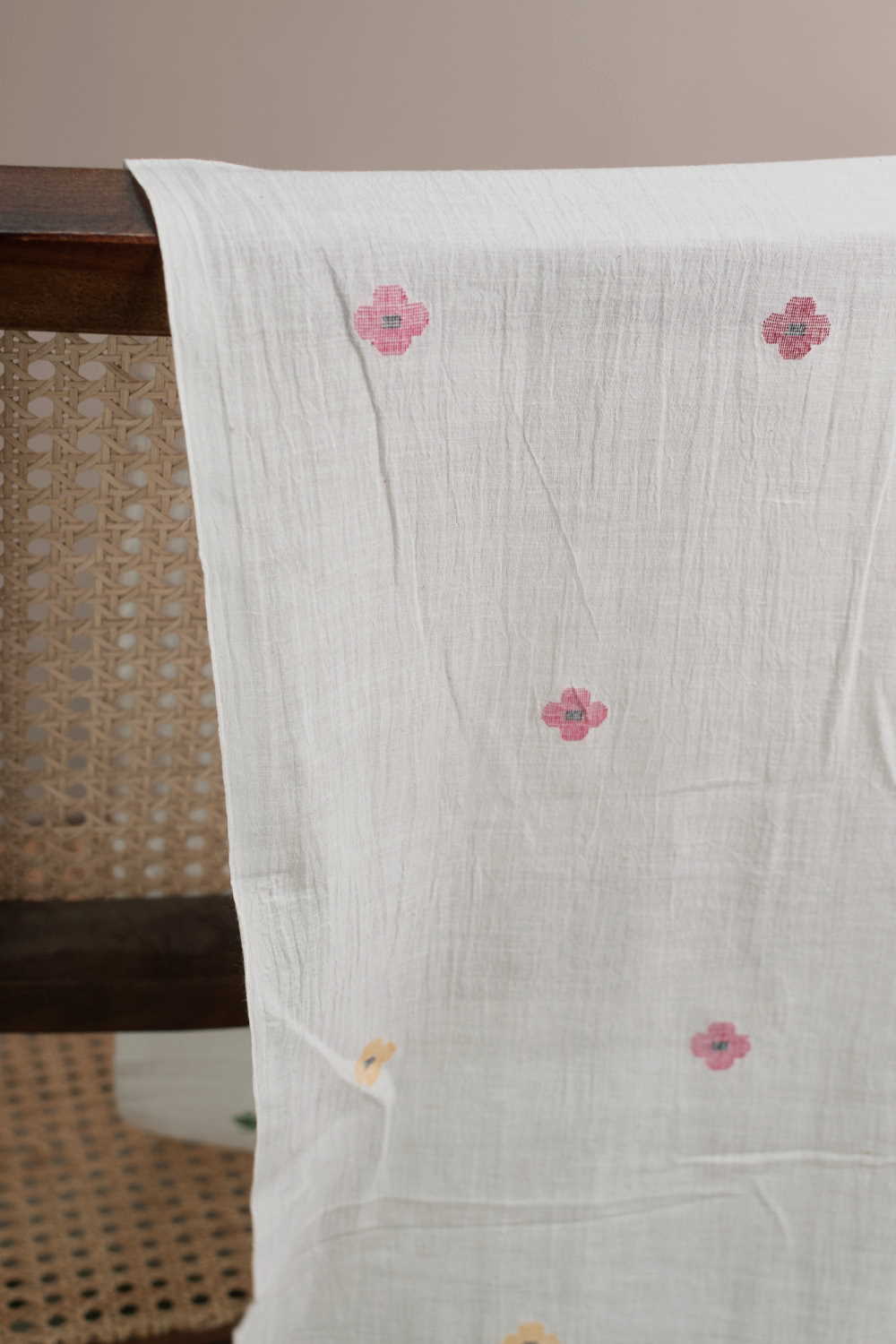 Coloured Butta on Cream Jamdani Cotton Fabric