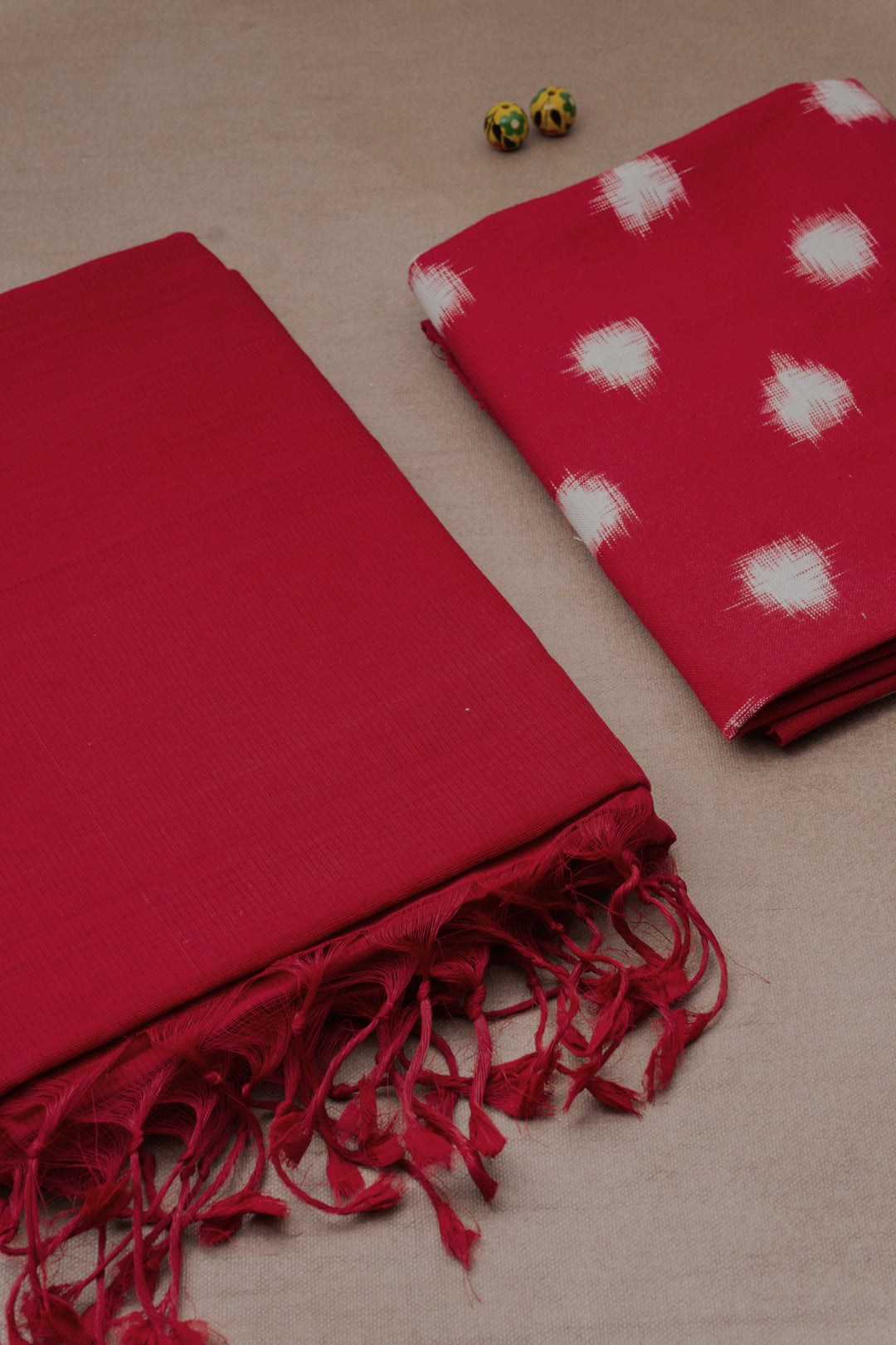 Deep Red Mangalagiri Cotton saree with Ikat Blouse