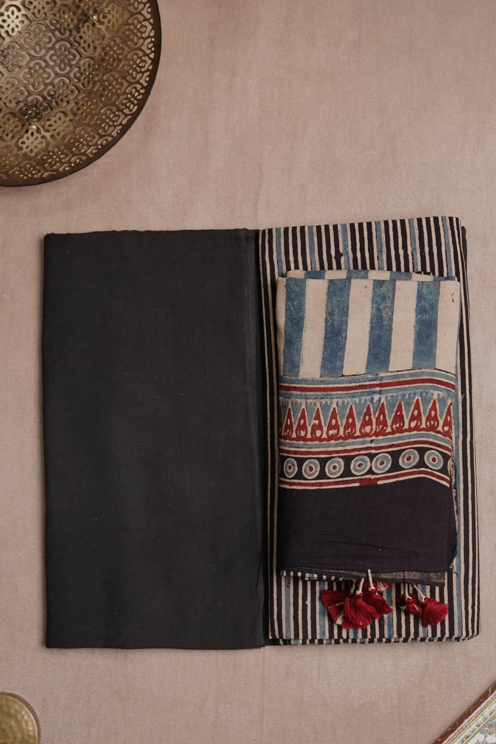 Lines on Black Ajrak Cotton Full Suit