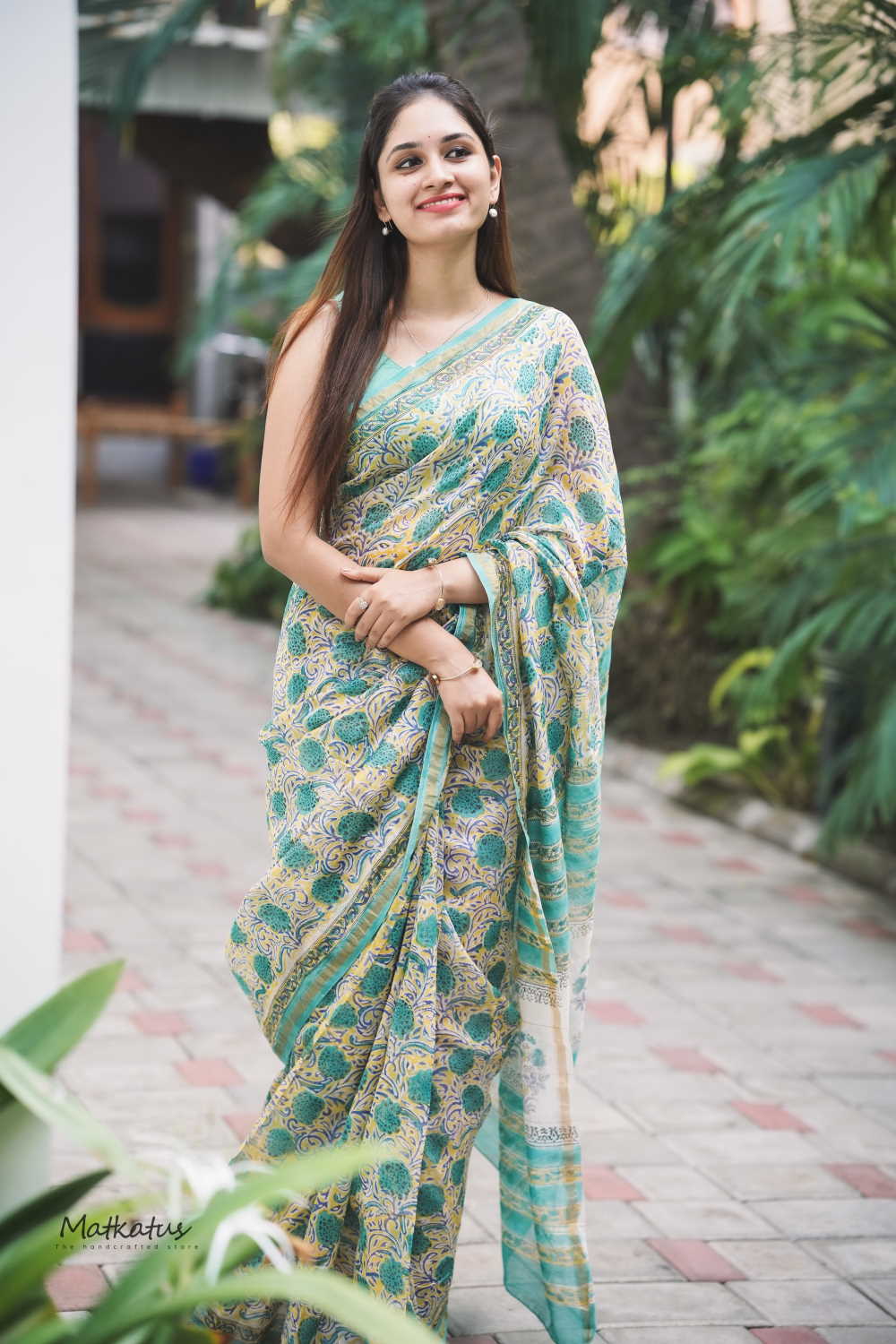 Green Floral on Yellow Chanderi Silk Cotton saree
