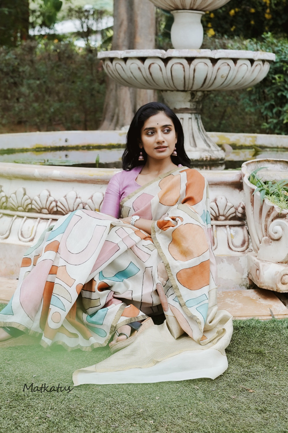 Cream Block Painted kalamkari Silk Cotton saree