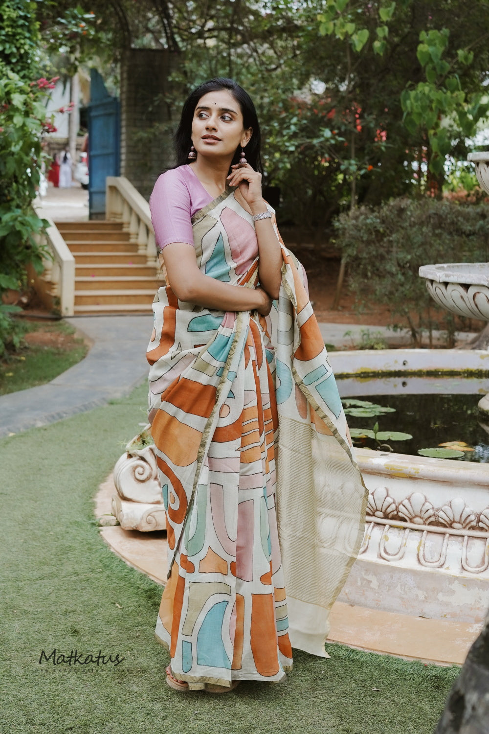 Cream Block Painted kalamkari Silk Cotton saree