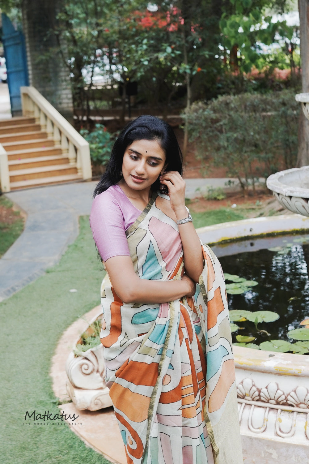 Cream Block Painted kalamkari Silk Cotton saree