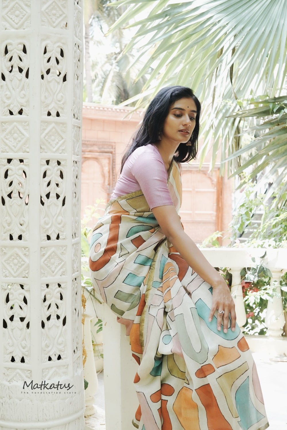 Cream Block Painted kalamkari Silk Cotton saree
