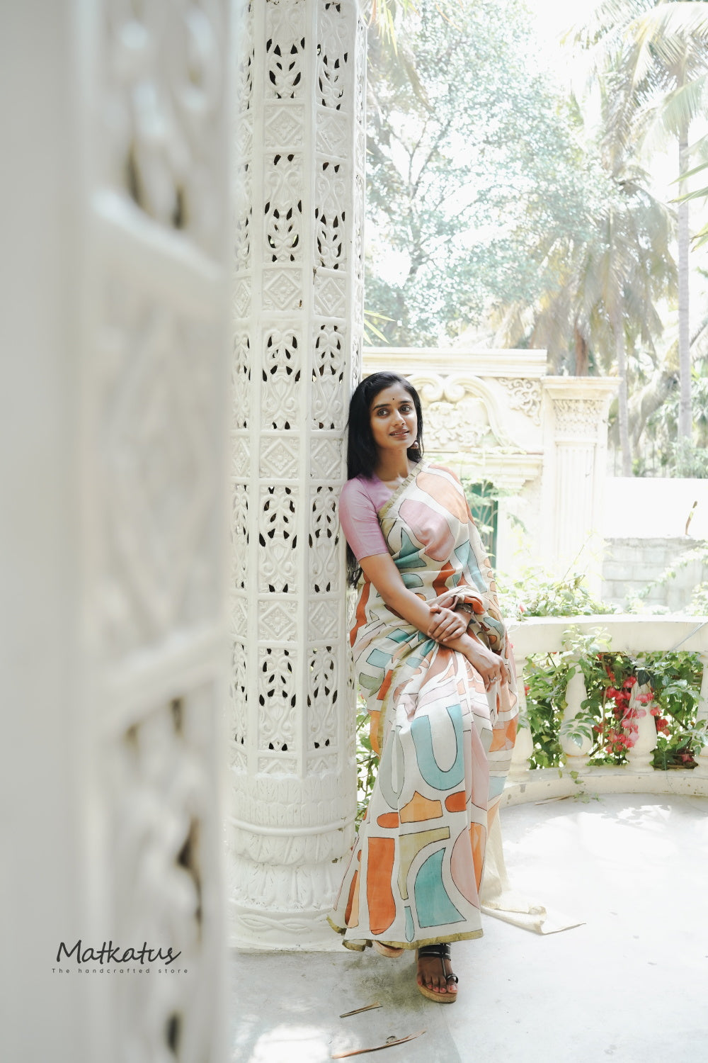 Cream Block Painted kalamkari Silk Cotton saree