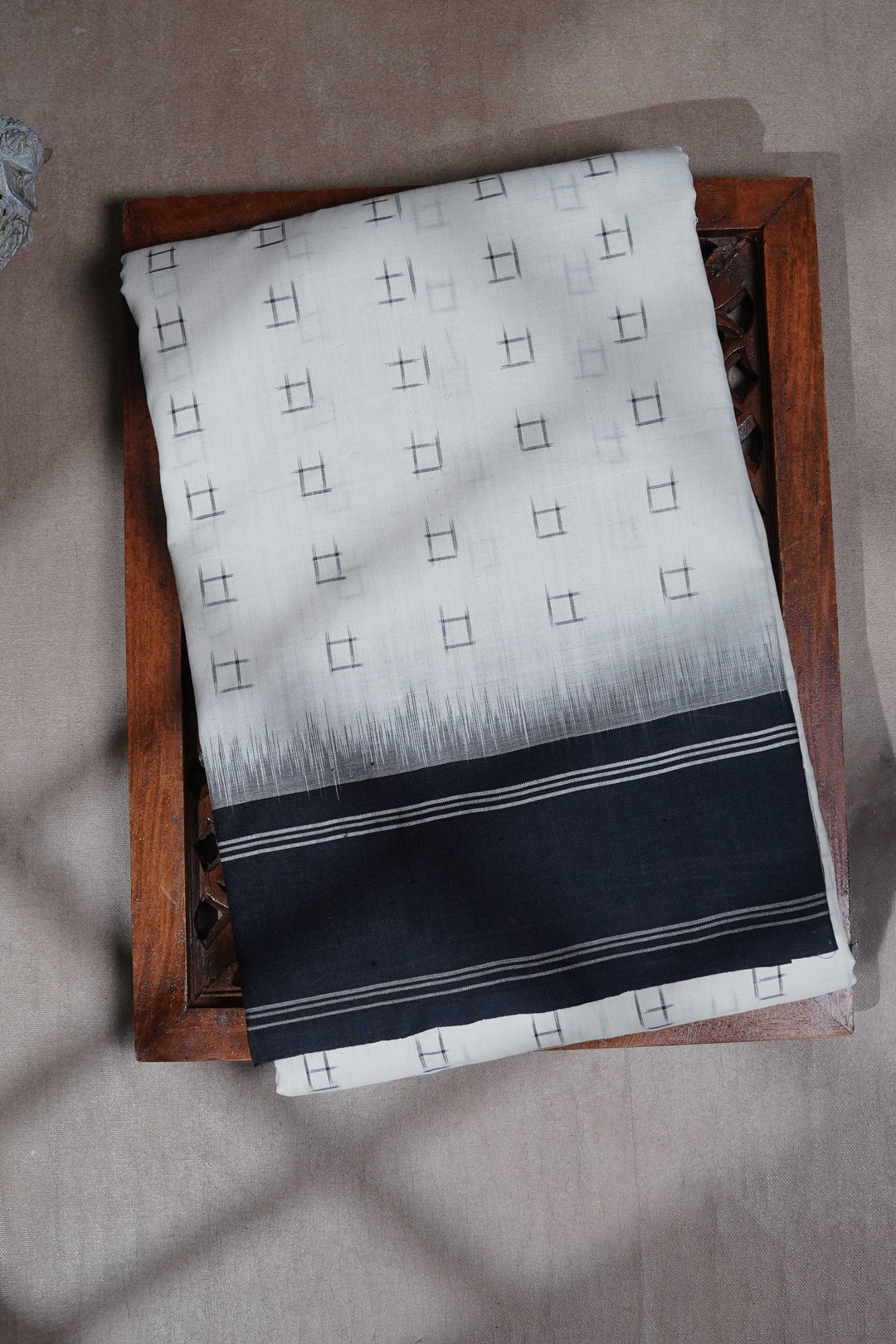 Cream with Black Border Ikat Cotton saree