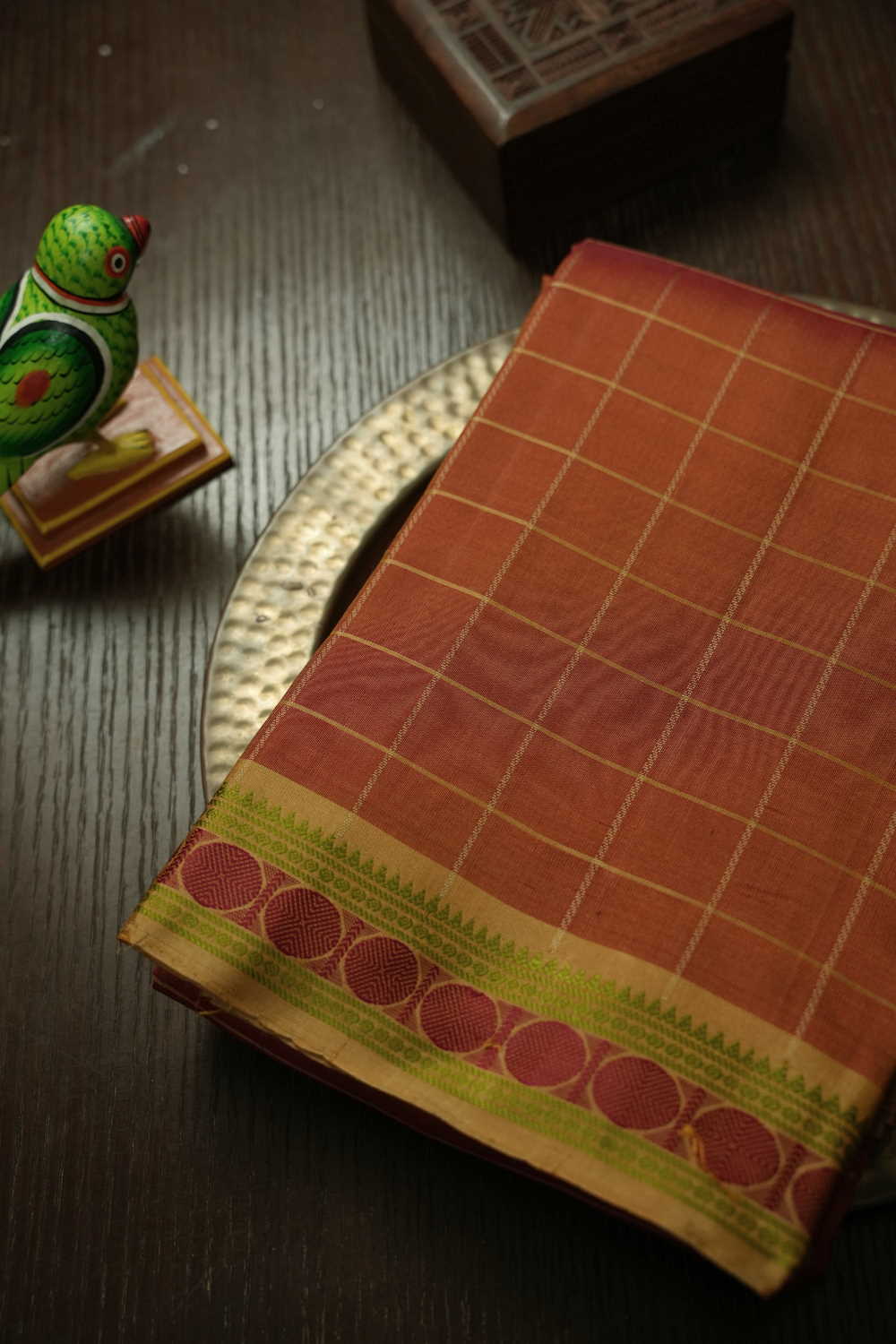 Checkered on Orange Kanchipuram Silk saree