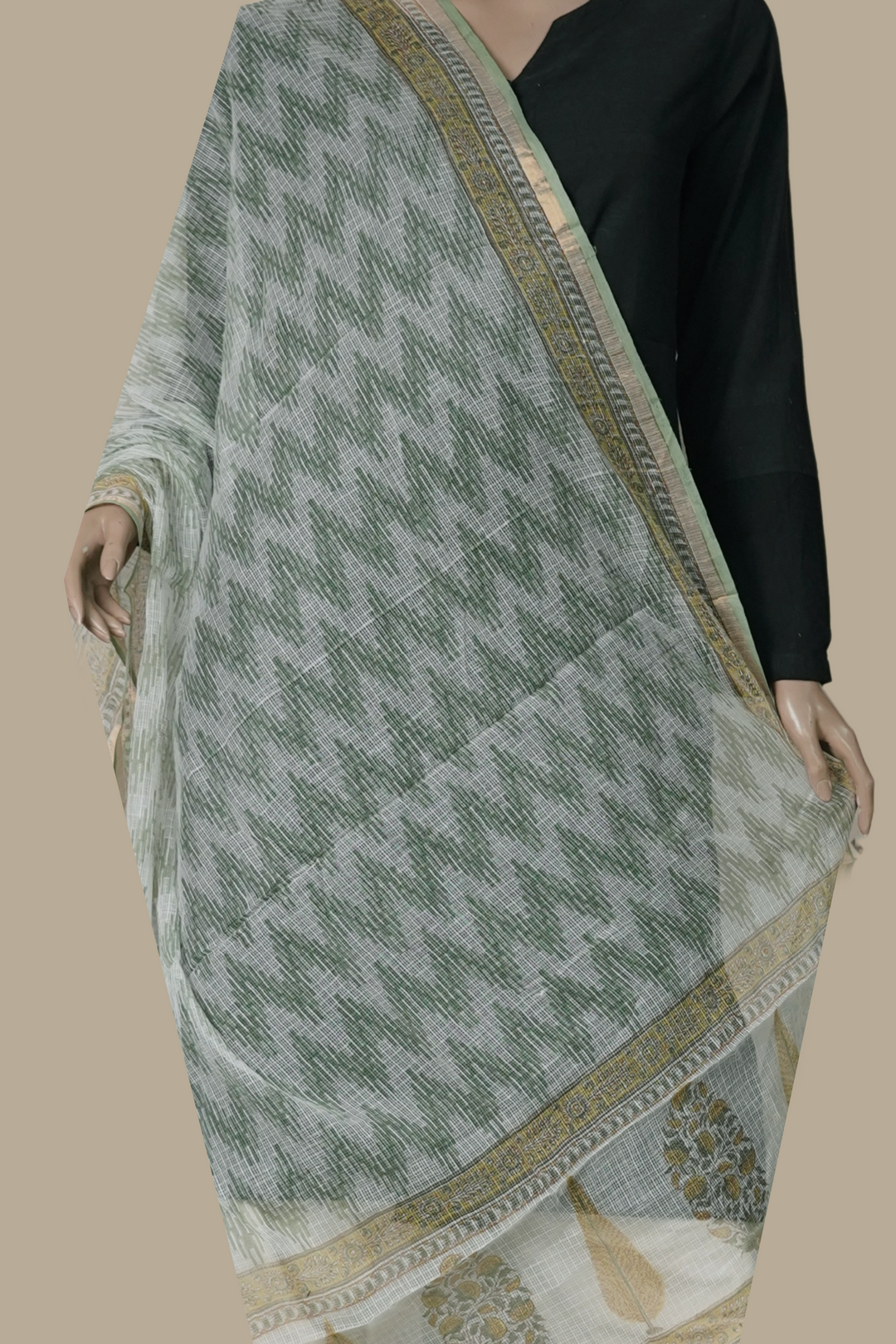 Cream with Zig Zag Block Printed Kota Cotton Dupatta