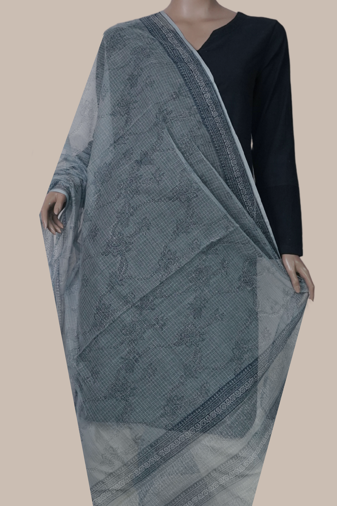 Light Grey Block Printed Kota Cotton Dupatta