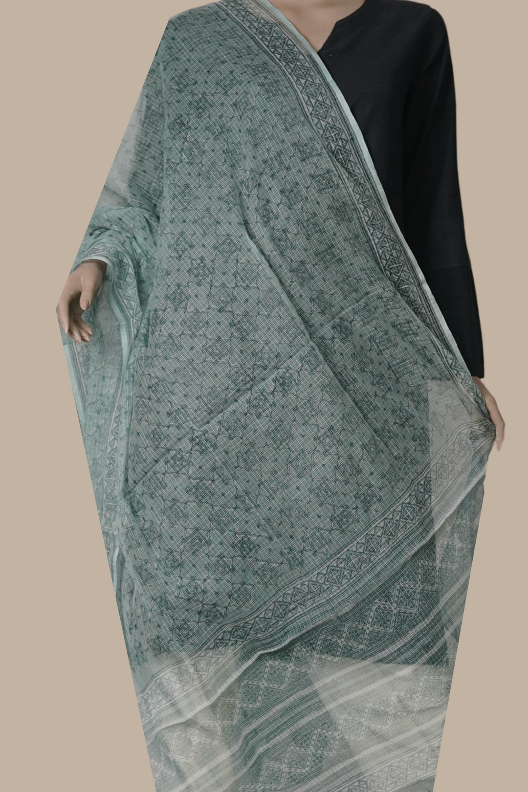 Green Pattern on Cream Kota Cotton Dupatta
