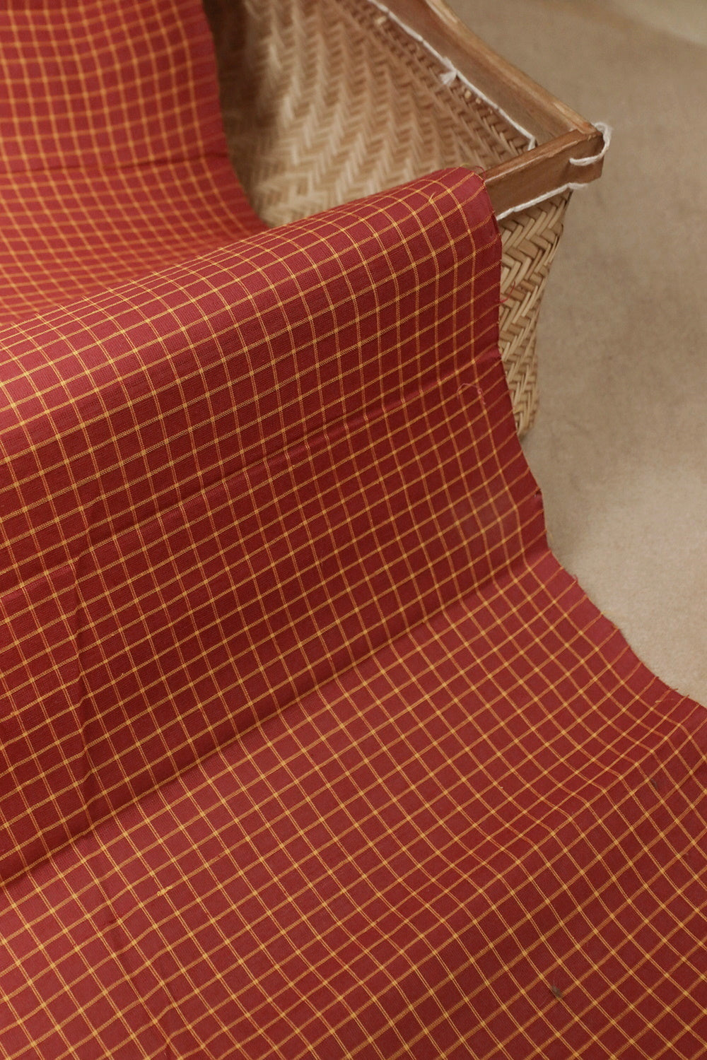 Checkered Maroon Handspun Handwoven Fabric - 0.65m