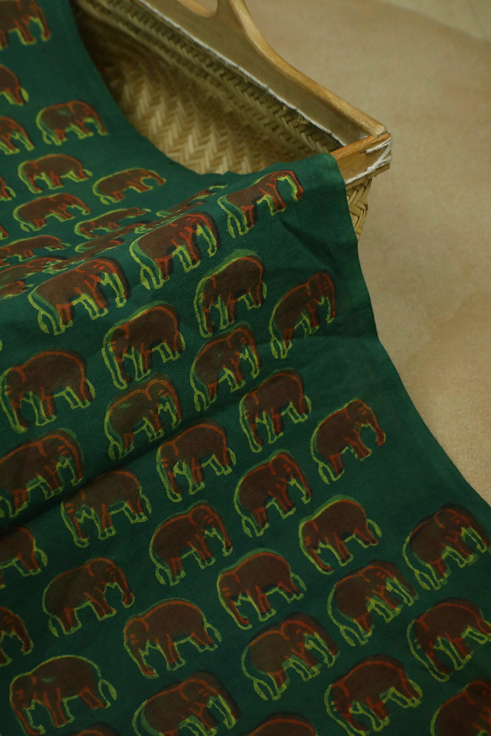 Elephants on Green Akola Block Printed Cotton Fabric - 1.8m
