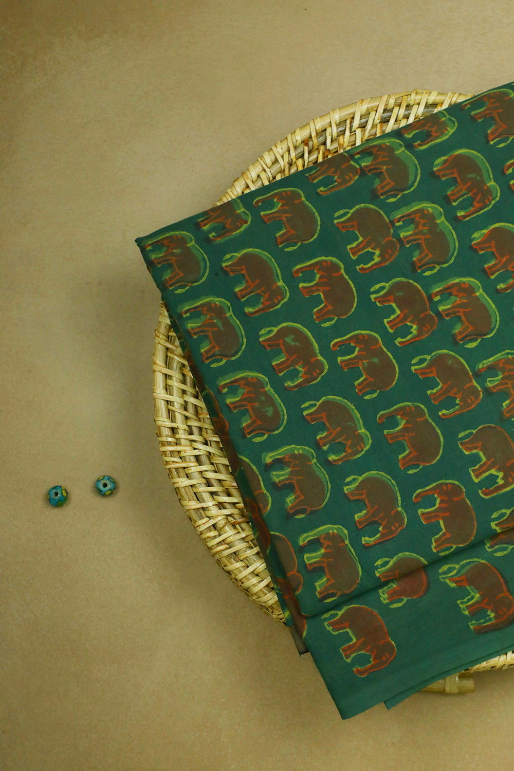 Elephants on Green Akola Block Printed Cotton Fabric - 1.8m