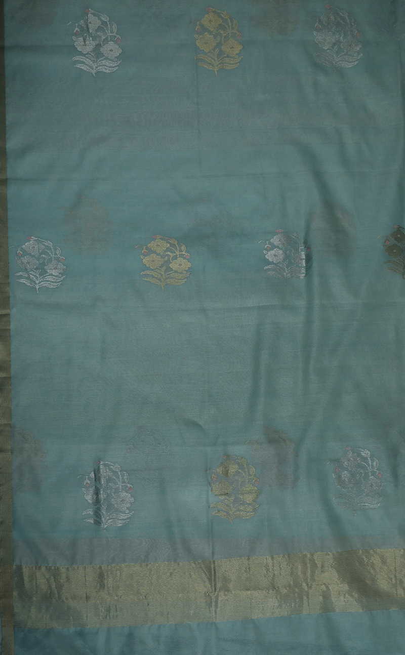 Light Blue with Big Floral Motif Silk Cotton Chanderi Dupatta