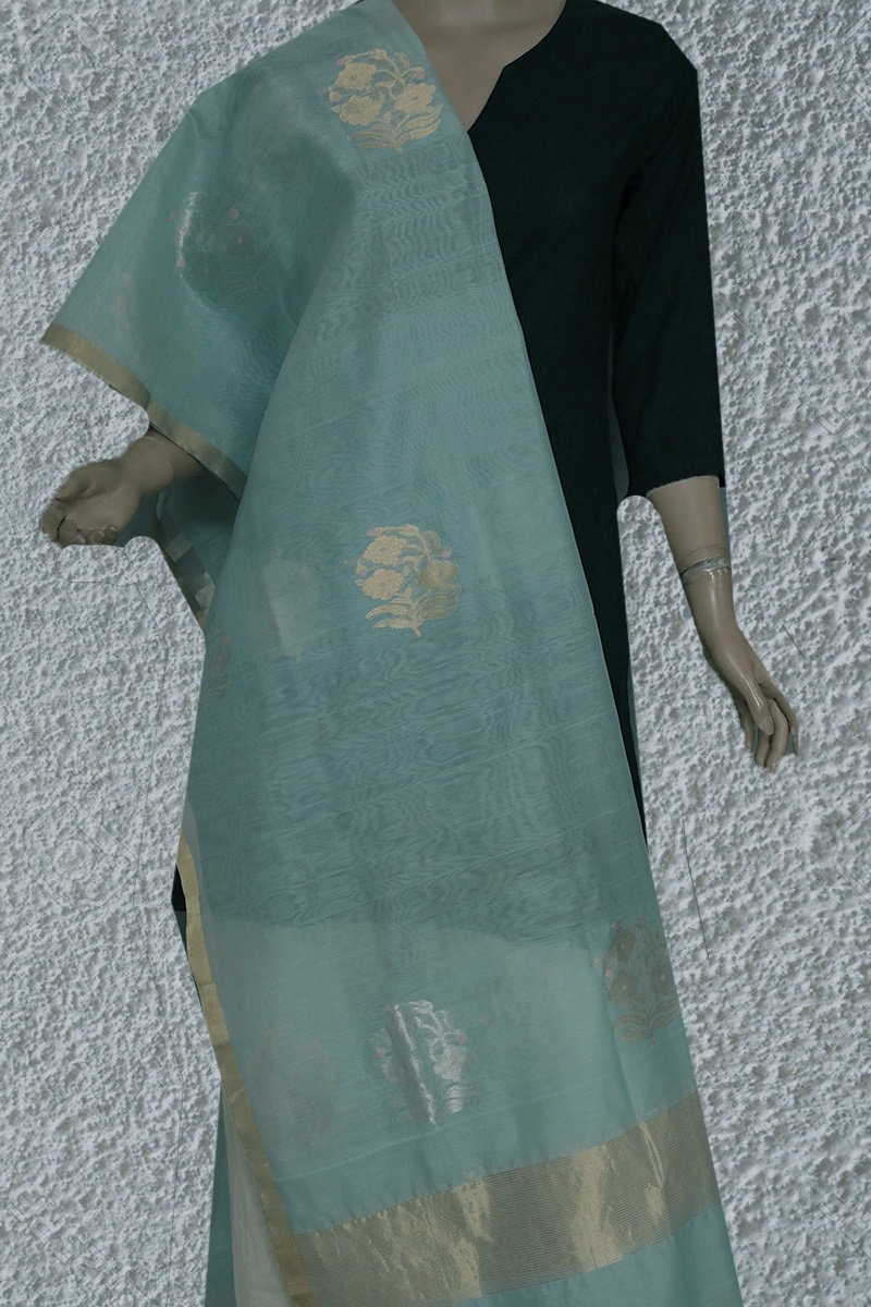 Light Blue with Big Floral Motif Silk Cotton Chanderi Dupatta