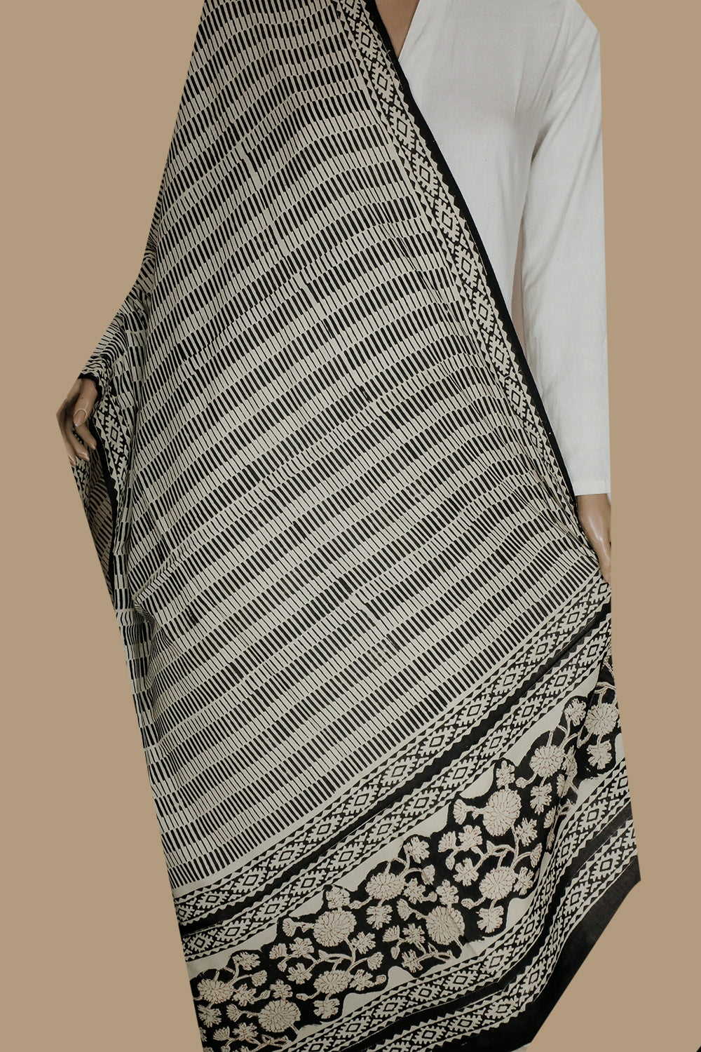 Black Pattern on Cream Block Printed Mul Cotton Dupatta