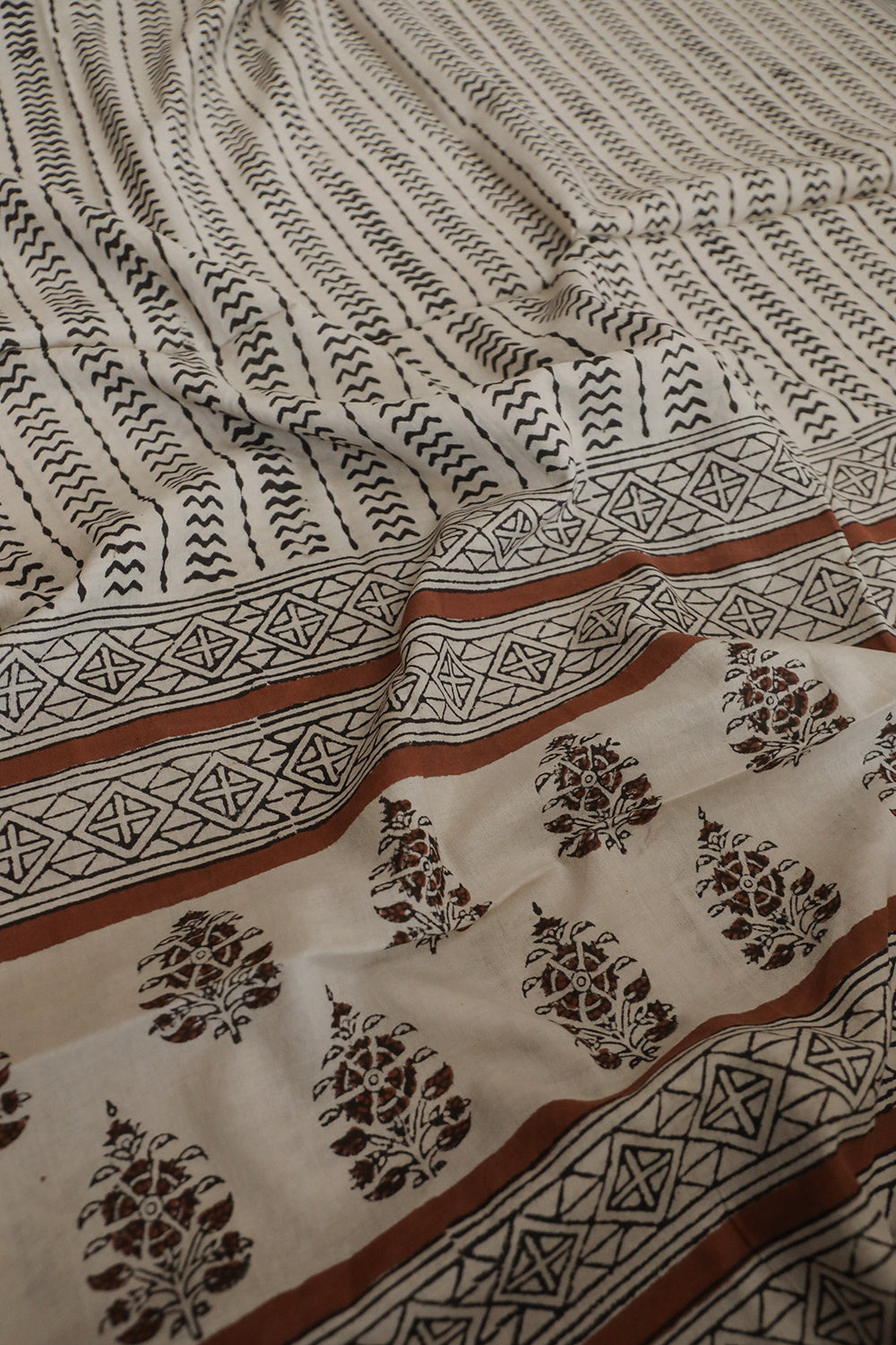 Striped Pattern on Cream Block Printed Mul Cotton Dupatta