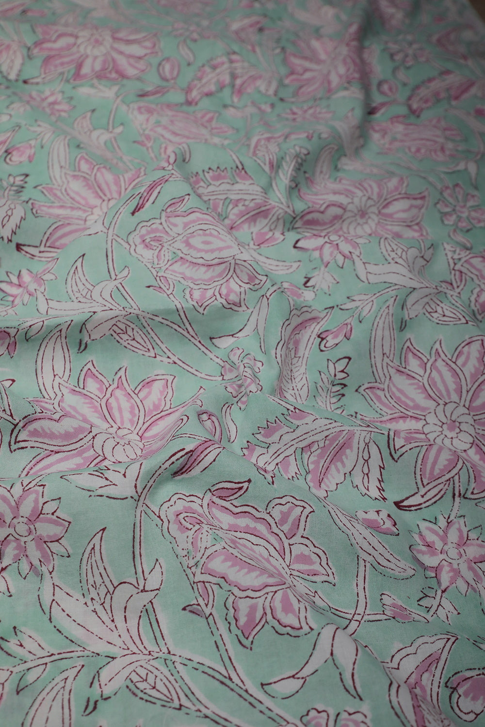 Baby Green with Floral Block Printed Cotton Fabric