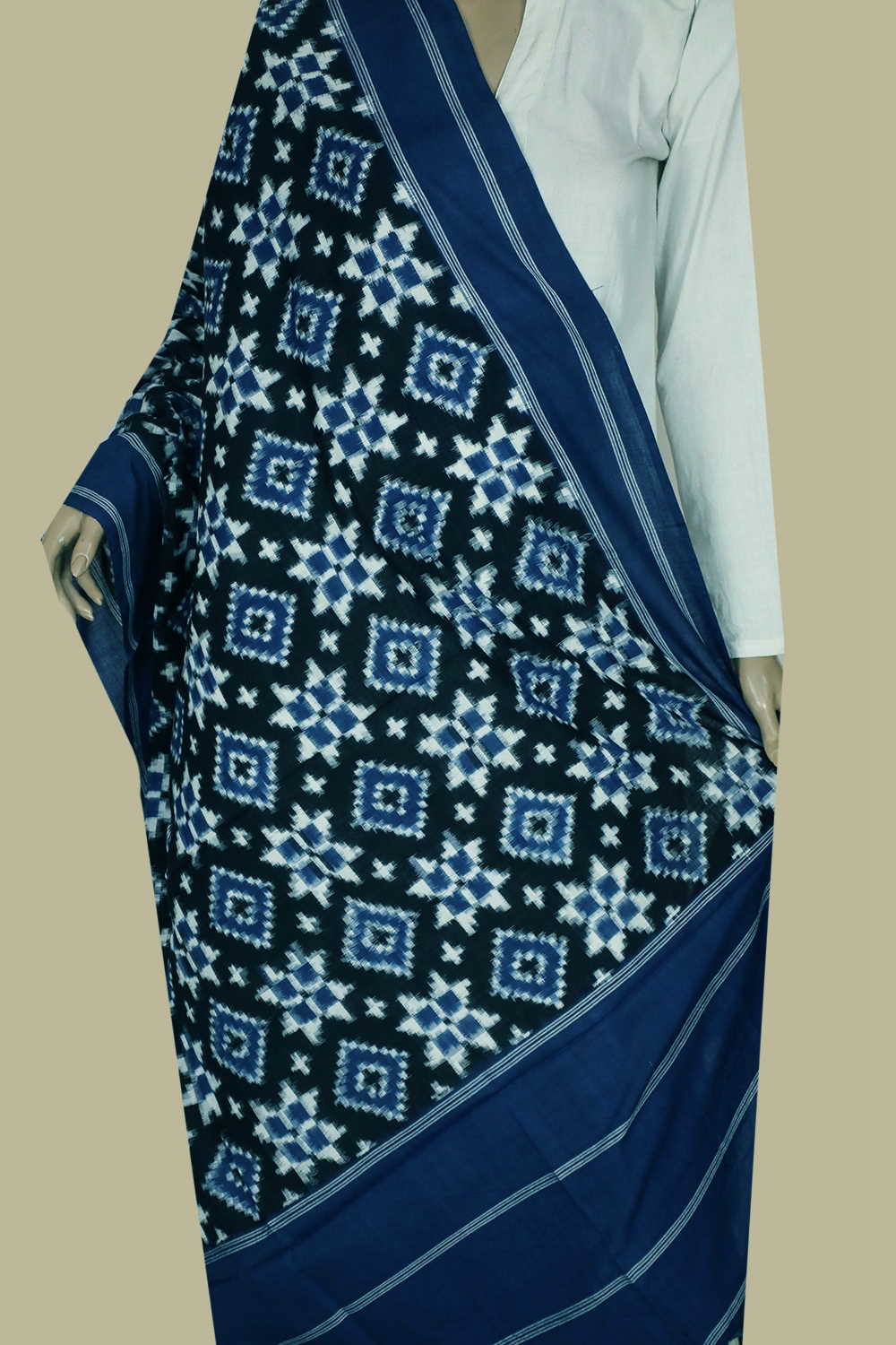 Black with Blue Border Telia Rumal Ikat Cotton Dupatta