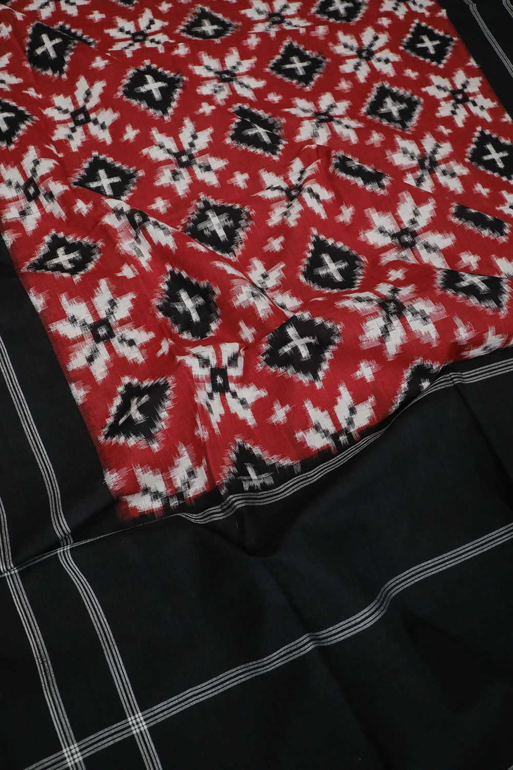 Red with Black Border Telia Rumal Ikat Cotton Dupatta