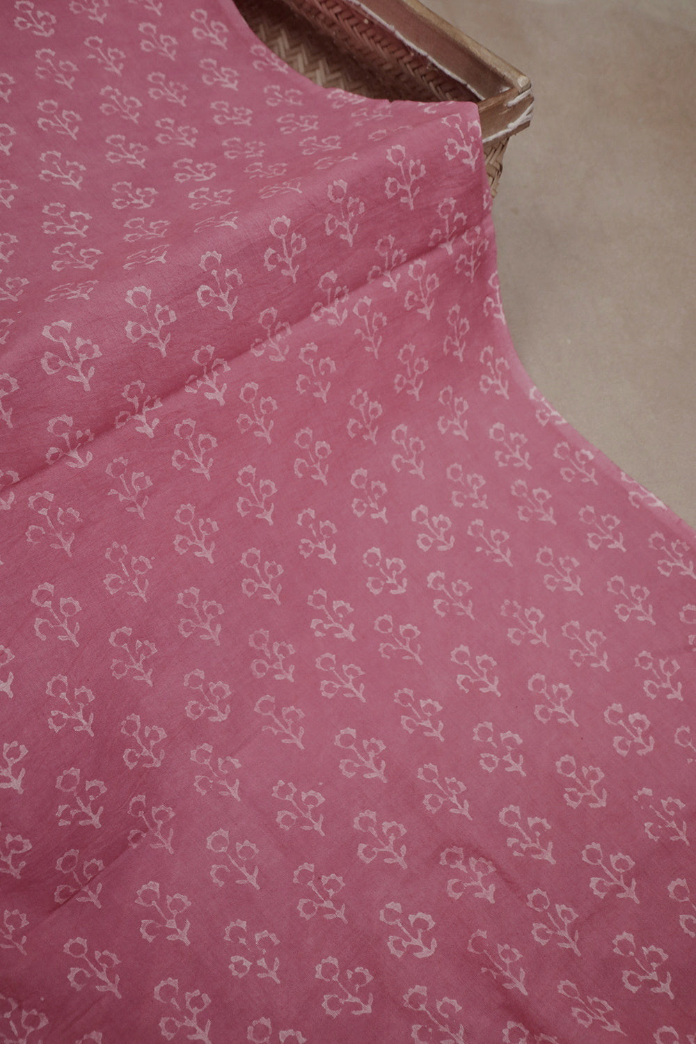 Pink with Tiny Florets Block Printed Cotton Fabric-2m