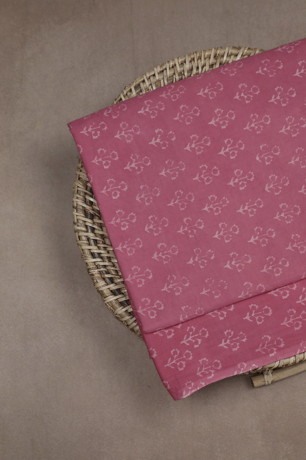 Pink with Tiny Florets Block Printed Cotton Fabric-2m