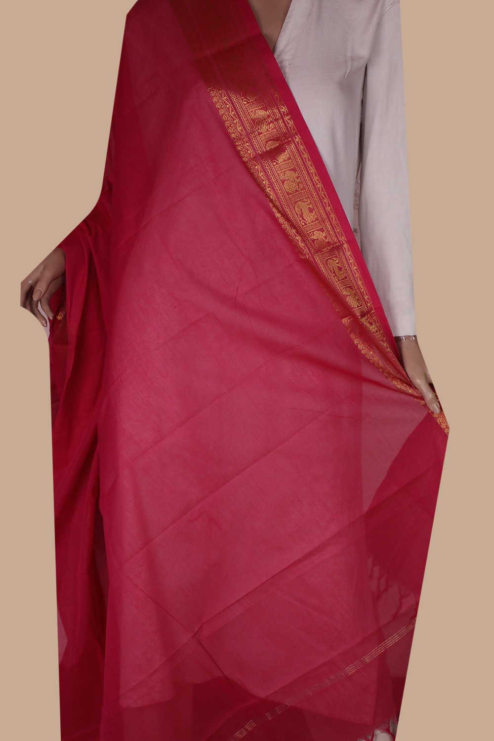 Peacock Border With Pink Kanchi Cotton Dupatta