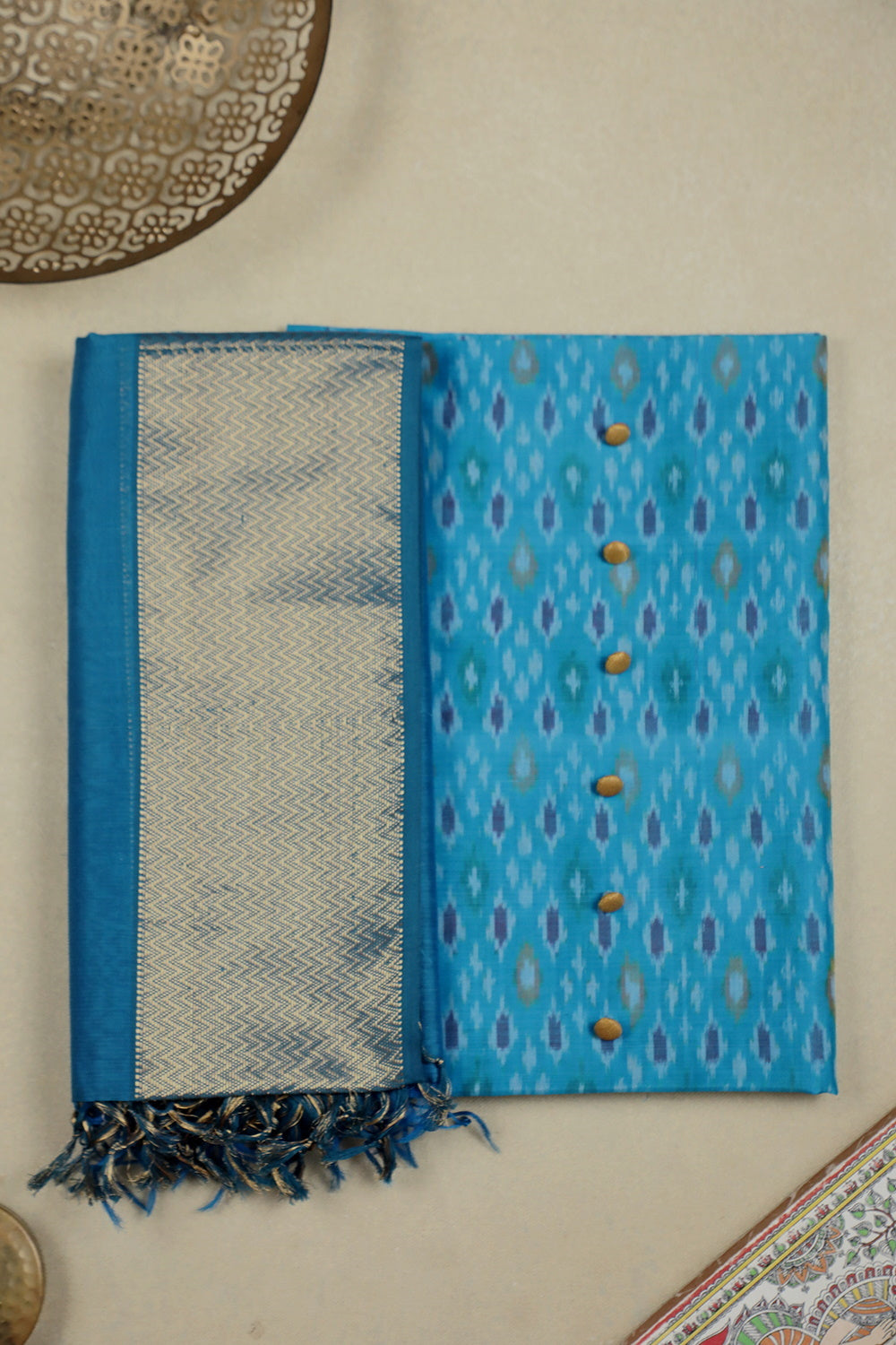 Buy Blue Ikat Silk Cotton Top u0026 Organza Maheshwar Dupatta at Matkatus