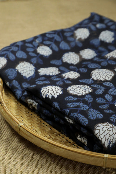 Black with White & Blue Floral Block Printed Cotton Fabric