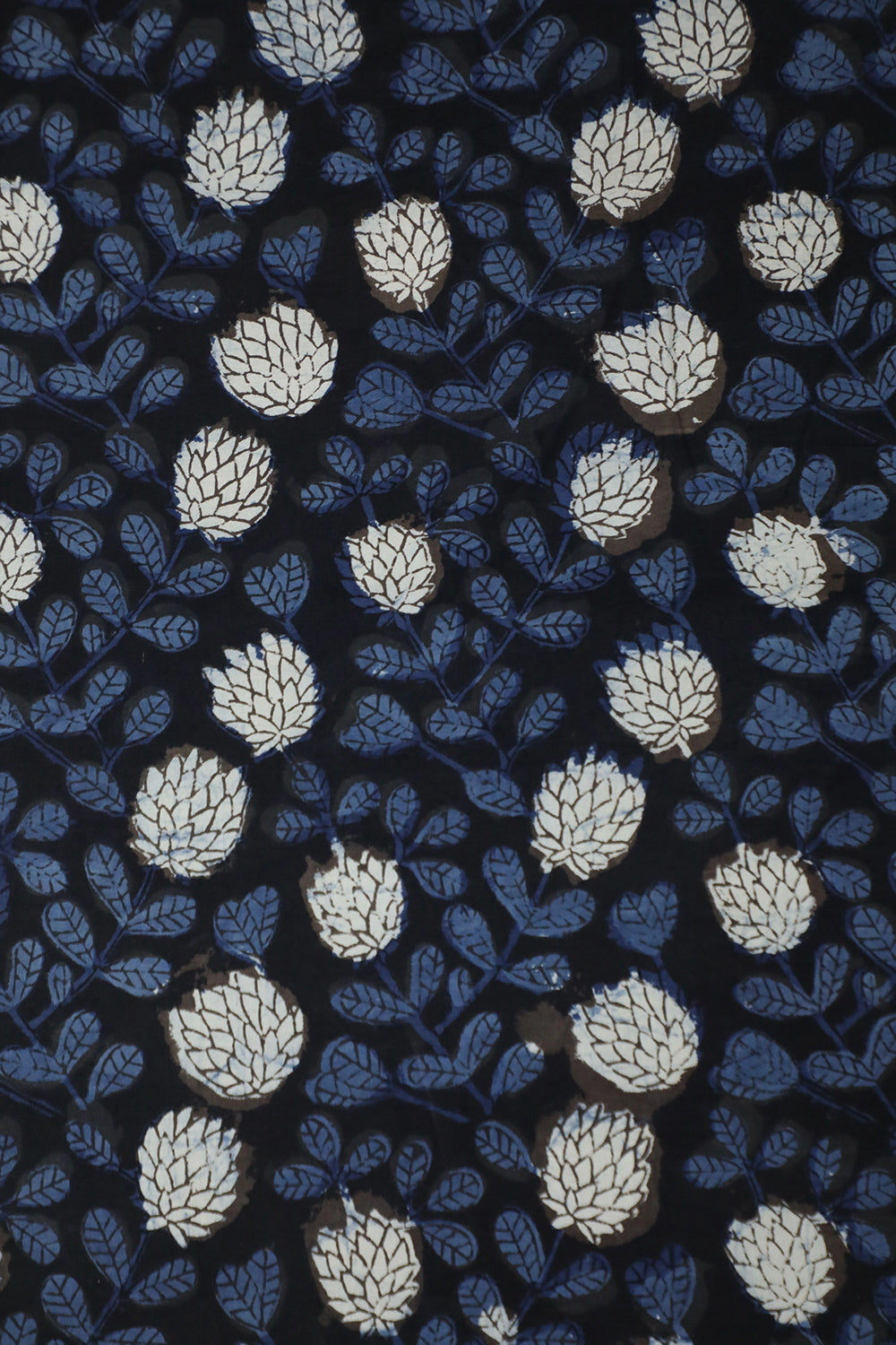 Black with White & Blue Floral Block Printed Cotton Fabric